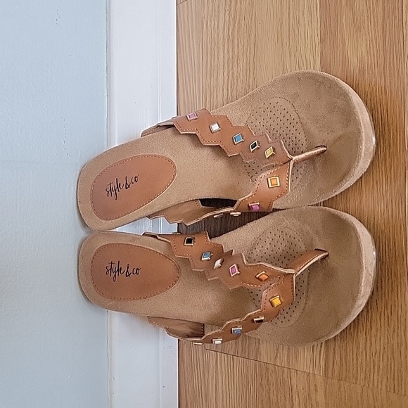 Style & Co Chicklet Women Brown Multi Sandal Slide thong Wedge Shoe Sz 9.5M - Picture 1 of 7